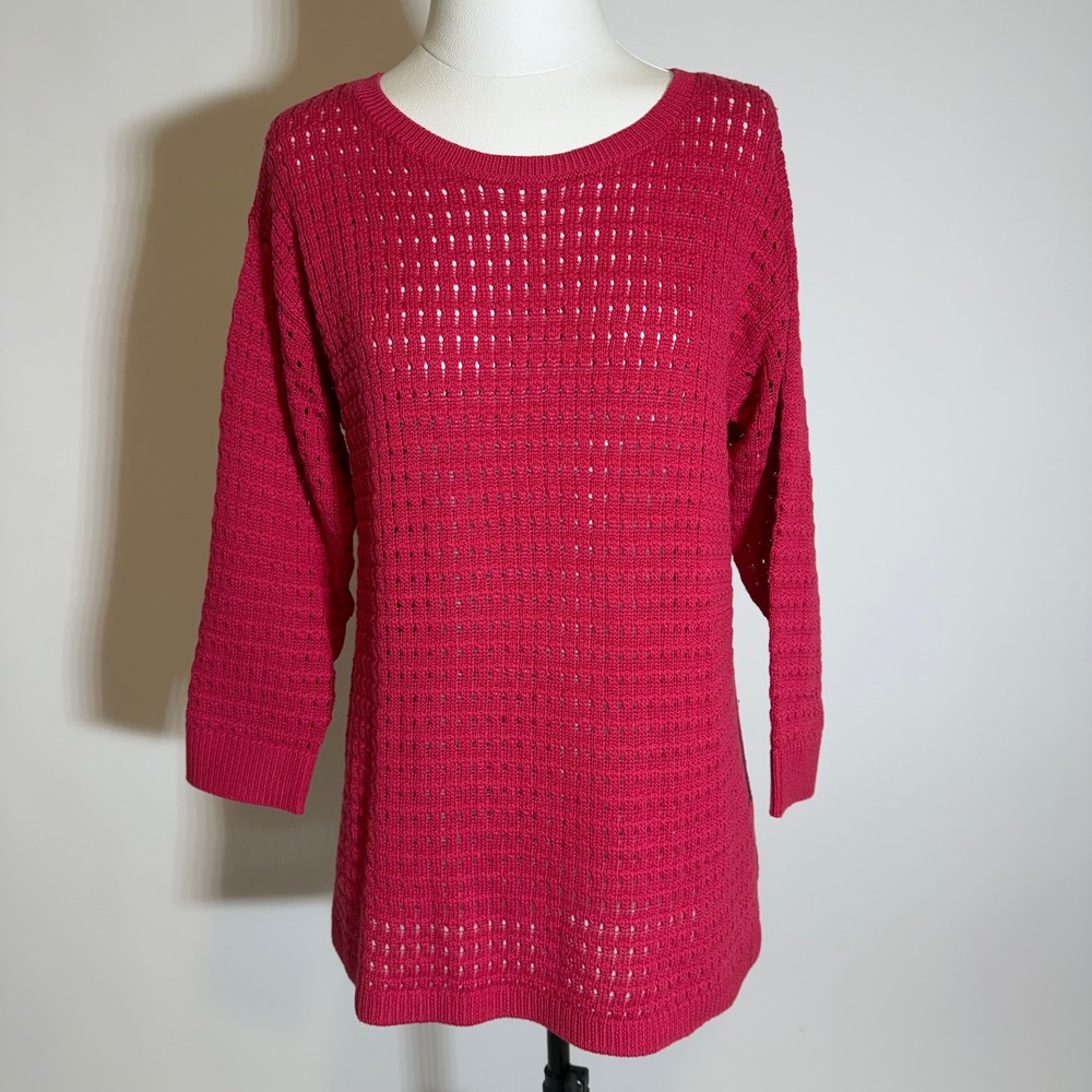 Talbots Womens Pink Open Crochet Knit 3/4 Sleeve Cotton Blend Sweater Sz Medium